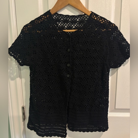 Vintage Tops - Women’s Black Crochet Short-Sleeve Button Cardigan